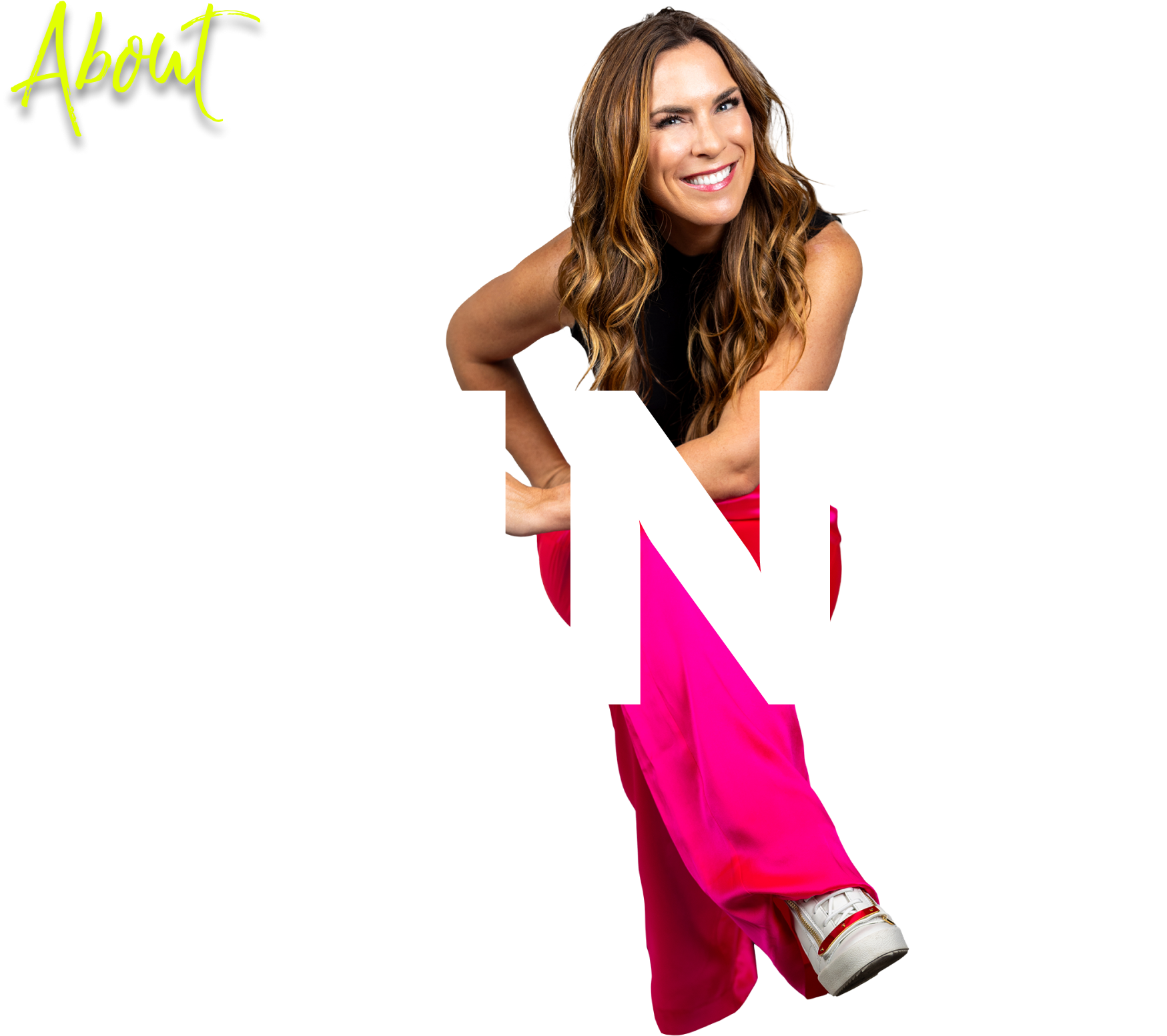 Image of Erin King, smiling confidently while wearing a stylish black blouse and pink pants. Her name 'Erin King' is creatively displayed across the entirety of the image.