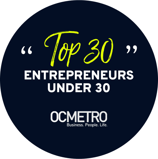 Badge recognizing Erin King as one of 'Oc Metro's Top 30 Entrepreneurs Under 30', showcasing achievement within the entrepreneurial community.
